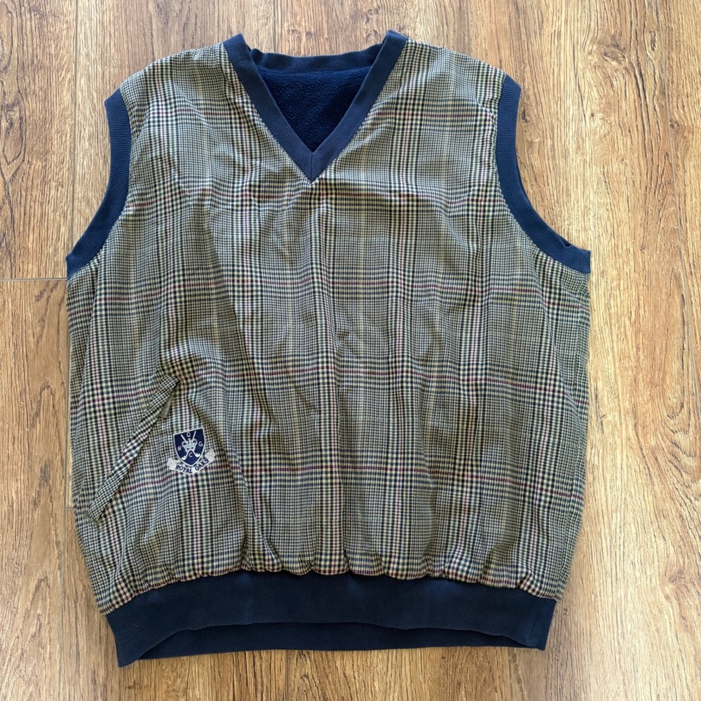 VTG 90s Firethorn Royal Oaks Reversible Golf Vest Mens L Plaid Navy Blue Fleece‎